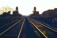 Approach to Bury St Edmunds station, photographed one evening in February 1980.<br><br>[Ian Dinmore /02/1980]