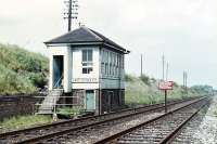 Looking north at Lady Victoria Pit signal box in May 1971. The notice marks the end of yard working and the lower part reads <I>Trains must not proceed beyond this point without the permission of the signalman at Millerhill</I>.<br><br>[Bill Jamieson 25/05/1971]