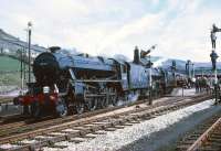 Beautifully turned out Black 5s nos 45110 + 44949 stand in the sunshine at Chinley on  20 April 1968 with the MRTS/SVRS <I>North West Tour</I> from Birmingham New Street. The pair took charge of the special for the leg between Stockport and Stalybridge.<br><br>[Robin Barbour Collection (Courtesy Bruce McCartney) 20/04/1968]