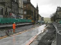 Looking west along York Place, the site of the planned tram terminus, on 12 November 2012, with track foundations being prepared. The line will take a sharp left turn just before the National Portrait Gallery and head up North St Andrew Street to reach St Andrew Square [see image 40969].<br><br>[Bill Roberton 12/11/2012]