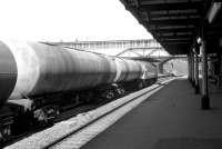 A train of 100t tanks rumbles north through platform 3 at Rotherham Masborough in May 1981. The train is on the goods lines from Tapton Junction avoiding Sheffield. The main north east - south west lines which run through platforms 1 and 2 are just visible under Midland Road bridge in the background. [See image 39925]<br><br>[John Furnevel 04/05/1981]