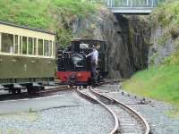 VoR No 8 runs back into Devils Bridge station in May 2012 to couple up to its rake of carriages and form the 12.00 return service to Aberystwyth. <br><br>[David Pesterfield 30/05/2012]