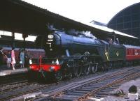 SLPF special at Newcastle in June 1965 behind St Margarets A3 no 60052 <I>Prince Palatine</I>. The train is preparing to head for Carlisle then on to Edinburgh via the Waverley route. Unfortunately the Pacific ran a hot axlebox bearing and was removed at Carlisle, where 60027 was pressed into service [see image 30944]. 60052 was eventually withdrawn from 64A in January 1966 as the last A3 in BR service. The locomotive was cut up at McLellans yard, Langloan, on 20 June 1966. <br><br>[Robin Barbour Collection (Courtesy Bruce McCartney) 05/06/1965]