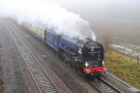 A1 60163 <I>Tornado</I> runs past the site of the former GWR station at Shrivenham on the eastern outskirts of Swindon on 24 November. Not the best of days! A none too gentle rain shower plus a modicum of freezing fog to enjoy whilst passing the time away waiting to catch a glimpse of the locomotive in its new blue livery.<br><br>[Peter Todd 24/11/2012]