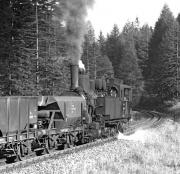 Beavering away at the rear of the 15.35 empties from Vordernberg to Erzberg on 6 September 1975, 0-6-2RT No. 97.209 gives 197.301 a good shove on the approach to the summit station at Prbichl [see image 41072].<br><br>[Bill Jamieson 06/09/1975]