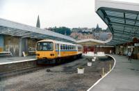 A 2-car class 143 DMU stands at Whitby in July 1986. The NYMR is considering plans to reinstate the second platform here and install run-round facilities.<br><br>[Colin Miller /07/1986]