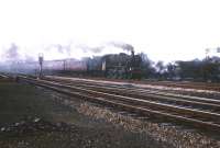 A southbound train hurries past Kingmoor shed in the 1960s behind an unidentified Jubilee 4-6-0. Locomotives at the south end of the shed include Black 5 no 45160 on the turntable, with Britannia Pacific no 70017 <I>Arrow</I> alongside. <br><br>[Robin Barbour Collection (Courtesy Bruce McCartney) //]