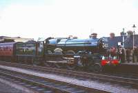 A gleaming 4079 <I>Pendennis Castle</I> at Worcester Shrub Hill on 8 August 1965 with an Ian Allan Railtour. The special had arrived from Paddington via Oxford and returned home via Swindon and the GWR main line.<br><br>[Robin Barbour Collection (Courtesy Bruce McCartney) 08/08/1965]