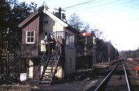 Railwaymen past and present pose on the steps of Blair Atholl North box on 23rd March 1963. This box survived until the redoubling of the Blair Atholl-Dalwhinnie section of the Highland Main Line in 1977.<br><br>[Frank Spaven Collection (Courtesy David Spaven) 23/03/1963]