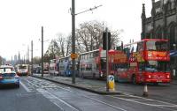 Tracks laid and supports in place, but buses still rule on Princes Street. View east on 12 December 2012.<br><br>[John Furnevel 12/12/2012]