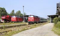 By 2001 it was a bit of a rarity to find two passenger trains standing side by side worked by the Romanian built C-C diesel hydraulics of DB class 219. One place where this could still be experienced was Neustadt (Sachsen), where local trains to Pirna and Bautzen were so worked using short push-pull sets. On the right, No. 219093 is standing on an unrecorded duty while to the left No. 219110 has not long arrived on the 09.10 from Pirna.<br><br>[Bill Jamieson 29/06/2001]