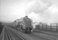 Despite the grey Autumn day 60009 <I>Union of South Africa</I> makes a fine sight crossing the King Edward Bridge with the returning RCTS/SLS <I>'Jubilee Requiem'</I> on 24 October 1964. The special, organised to mark the end of A4 running on the London - Newcastle route, is passing the signs marking the border between the counties of Northumberland and Durham. The spire of All Saints Church stands in the centre background, with the floodlights of St James Park beyond.<br><br>[K A Gray 24/10/1964]