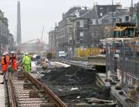 Work in progress on Shandwick Place tram stop on 12 December 2012, with William Ewart Gladstone surveying the scene (top right) from his plinth in the adjacent Coates Crescent gardens.<br><br>[John Furnevel 12/12/2012]