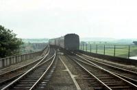 On the final day of service, 13th June 1964, the recently arrived last train from St Boswells is drawn forward by standard class 2 locomotive 78048 from Berwick's Down platform road on to the Royal Border Bridge, prior to setting back into the Up platform to form the final (6.35 pm) westbound departure.<br><br>[Frank Spaven Collection (Courtesy David Spaven) 13/06/1964]