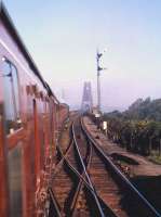 A northbound steam-hauled train approaches the Forth Bridge in the early 1960s. Taken from the 09.20 Edinburgh-Perth on Monday 13th August 1962.<br><br>[Frank Spaven Collection (Courtesy David Spaven) 13/08/1962]