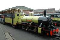 Looking much more solid than the building society of the same name, <I>Northern Rock</I> rests at the head of a train at Ravenglass station on the R & E R in July 2007.<br><br>[Brian Taylor /07/2007]