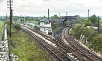 Scene at Shirebrook West Junction in May 1971. The ex MR Shireoaks (Worksop) to Mansfield line runs top left to bottom right while the line curving away to the right was a short chord to Warsop Junction on the erstwhile Lancashire, Derbyshire and East Coast Railway's line from Chesterfield to Lincoln.<br><br>[Bill Jamieson 16/05/1971]