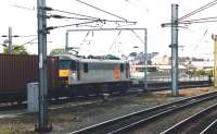 90025 in BR Railfreight Distribution livery sets out from the west side of Carlisle Station on 24 August 1992 with a northbound Intermodal service bound for Mossend Yard.<br><br>[David Pesterfield 24/08/1992]