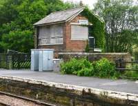 The closed and shuttered signal box on the westbound platform at Glaisdale in July 2012. View east towards Whitby.<br><br>[John Furnevel 11/07/2012]