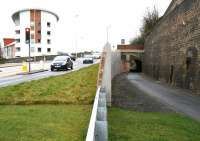 The south portal of Ladhope Tunnel on 6 January 2013, with the new retaining wall between the A7 and the cutting completed, all plant and equipment removed and the walking/cycling route reopened [see image 38125]. <br><br>[John Furnevel 06/01/2013]