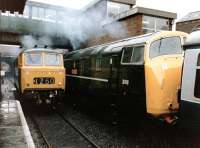Diesel - Hydraulics at Bury Bolton Street in 1996, featuring 'Warship' D821 (masquerading as D810) with a train on the right and 'Hymek' D7017 light engine alongside.<br><br>[Colin Alexander //1996]