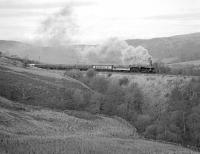 Preserved 8F 2-8-0 No. 48151, with Ethel 3 (aka 97252 / 25314/ D7664) providing train heating, works the southbound Cumbrian Mountain Express up to Ais Gill summit not far south of Birkett Tunnel on 28th January 1989. <br><br>[Bill Jamieson 28/01/1989]