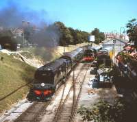Bulleid 'Battle of Britain' Pacific no 34072 <I>'257 Squadron'</I> leaves Swanage on 18 July 1999.<br><br>[Peter Todd 18/07/1999]
