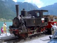 Achenseebahn No. 3 'Achenkirch' looks something of a fish out of water standing on the level lakeside track at the Seespitz terminus in the 1990s. The metre gauge loco has just hauled its train from the summit station at Eben, having propelled it up the rack section from Jenbach. No. 3 will celebrate its 124th birthday in 2013 - it emerged from the Floridsdorf works of the Wiener Lokomotivfabrik in 1889.<br><br>[Bruce McCartney //]