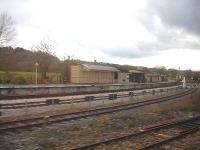 The South Devon Railway's Totnes Riverside station and signalbox, and Network Rail connection, as seen from a passing train in January 2013. <br><br>[David Pesterfield 15/01/2013]
