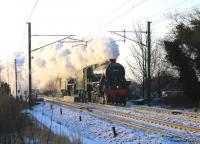 As in 2012, the first WCML steam of 2013 was a Manchester Victoria to Carlisle train on 26 January, out via Shap and returning over the S&C. The train was again double headed by Ian Riley's Black 5s 44871 and 45407 and is seen here passing the site of Brock station on the outward leg.<br><br>[Mark Bartlett 26/01/2013]