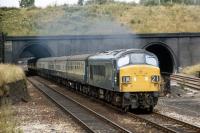 Peak No. D29 is still accelerating away from the Leicester stop as it emerges from the western bore of Knighton Tunnel in July 1971 with the 12.10 Sheffield to London St. Pancras express.<br><br>[Bill Jamieson 20/07/1971]