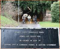 The south portal of Rodney Street Tunnel on 8 January 2013 complete with walkers, bikers and shoppers. Photograph taken from the site of Scotland Street station. Below is a close-up of the commemorative plaque that now adorns the wall to the right [see image 41645].<br><br>[John Furnevel 08/01/2013]