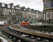 Going round the bend. The Edinburgh Trams route at the corner of North St Andrew Street and York Place on 28 January 2013.<br><br>[Bill Roberton 28/01/2013]