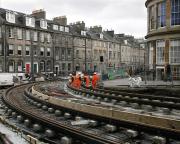 Going round the bend. The Edinburgh Trams route at the corner of North St Andrew Street and York Place on 28 January 2013.<br><br>[Bill Roberton 28/01/2013]