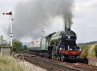 <h4><a href='/locations/H/Hellifield'>Hellifield</a></h4><p><small><a href='/companies/N/North_Western_Railway'>North Western Railway</a></small></p><p><I>Flying Scotsman</I> south of Hellifield with the Carnforth to Leeds stage of the LNER Society's 'West Yorkshireman' on 21st June 1975. The LNER Society organised two tours for this date - these ran combined from Euston to Carnforth, with the other half of the train being taken forward to Ravenglass and Sellafield as 'The Furnessman' by (6)1306 and <I>Green Arrow</I>. 48/132</p><p>21/06/1975<br><small><a href='/contributors/Bill_Jamieson'>Bill Jamieson</a></small></p>