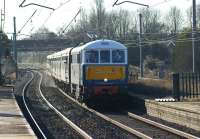 Hauling a rake of maroon Mark 1 coaches, E3137/86259 <I>Les Ross</I> passes Leyland on 2 February 2013 with the RTC 'Winter Cumbrian Mountain Express' from Euston. The 86 handed over to A4 no 60009 at Carnforth for the run over Shap to Carlisle.<br><br>[John McIntyre 02/02/2013]