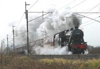 <I>The Lancastrian</I> was scheduled to run on two consecutive Saturdays in February 2013, steam hauled over the Preston-Carnforth-Hellifield-Preston loop. Stanier 8F 2-8-0 48151 is seen here approaching Garstang on the first leg of the steam trip. On this day the train had originated in Cleethorpes but the following week was scheduled to run from St Neots in Cambridgeshire. <br><br>[Mark Bartlett 09/02/2013]