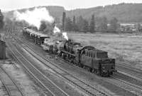 Mid-afternoon on 25th August 1979 finds rebuilt class 50 2-10-0 No. 50.3554, fitted with a Giesl ejector, running tender first into Nossen on a short freight from the west, probably from Dbeln. What appears to be double track beyond the train was in fact two single lines, the left-hand one from Dbeln and Leipzig, the right-hand from Riesa.<br><br>[Bill Jamieson 25/08/1979]