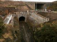 As part of constructing approach roads to the New Forth Crossing, more of the Rosyth Dockyard branch will be submerged.  Abutments are being prepared in this 10 February 2013 view. [See image 37816]<br><br>[Bill Roberton 10/02/2013]