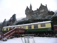 The Loch Awe Hotel from the north shore of the loch in February 2013 with the old <I>'Tea Train'</i> coach standing in the foreground.<br><br>[John Yellowlees 13/02/2013]