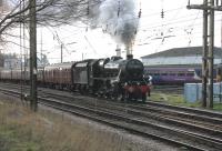 Plenty of sound effects from Black 5 44932 as she lifts 13 bogies and an idling Brush Type 4 (47760) out of Preston on the second <I>Lancastrian</I> tour on 16th February 2013. This train had originated in St. Neots and was steam hauled round the loop from Preston via Carnforth, Hellifield and Blackburn. <br><br>[Mark Bartlett 16/02/2013]