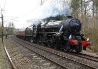 Black 5 no. 44932 drifts downhill into Lancaster with the Preston to Preston via Carnforth, Hellifield and Blackburn leg of 'The Lancastrian' railtour on 16 February 2013. The tour had originated from St Neots.<br><br>[John McIntyre 16/02/2013]