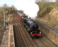 Black 5 no. 44932 passes through Long Preston station with 'The Lancastrian' railtour heading for a water stop at Hellifield on 16 February 2013.<br><br>[John McIntyre 16/02/2013]