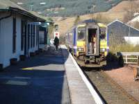 156447 runs into Crianlarich with the Fort William portion already set up to couple onto 156493 with the Oban portion for the run to Glasgow Queen Street at 13.36 on 19 February 2013.<br><br>[David Pesterfield 19/02/2013]