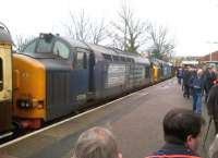 Not something you see every day - two 37's (609 and 218) at the buffers at Exmouth on 10 February. The train was the Pathfinder Tours <I>Hullaba-Looe</I> [see image 42039 for the other passenger terminus reached that day].<br><br>[Ken Strachan 10/02/2013]