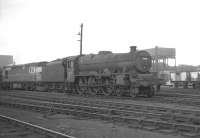 Holbeck Jubilee 4-6-0 no 45626 <I>Seychelles</I> stands in front of an unidentified type 2 diesel locomotive on Kingmoor shed. The photograph is thought to have been taken on 21 August 1965 with the Jubilee having worked in from Leeds on the 9.30am St Pancras - Glasgow Central.<br><br>[K A Gray 21/08/1965]