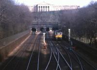 A Class 26 lurks in Princes Street Gardens in spring 1971.<br><br>[David Spaven //1971]