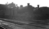 Locomotives in the shed yard at Stoke-on-Trent (5D) on 1 October 1961. Locally based Fowler 4F 0-6-0 no 44499 stands nearest the camera.<br><br>[K A Gray 01/10/1961]