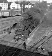 Rebuilt Kriegslok No 52 8200, the last of 200 examples so treated by the East German DR, makes a smoky departure from Lbau (in the far south-east of the DDR between Grlitz and Dresden) on 27th August 1981 with a long westbound freight. <br><br>[Bill Jamieson 27/08/1981]