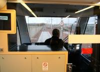 Forward view from a tram about to leave Edinburgh Airport on a wet and windy 8 March 2013 with a demonstration run to Gogar Depot.<br><br>[John Furnevel 08/03/2013]